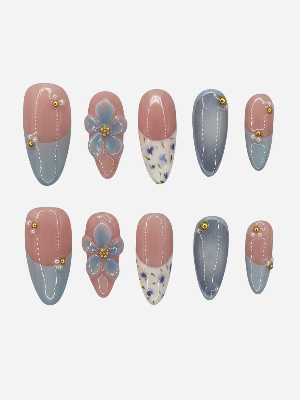 Faux ongles press-on Blue Mirage – amande floral bleu FancyNails