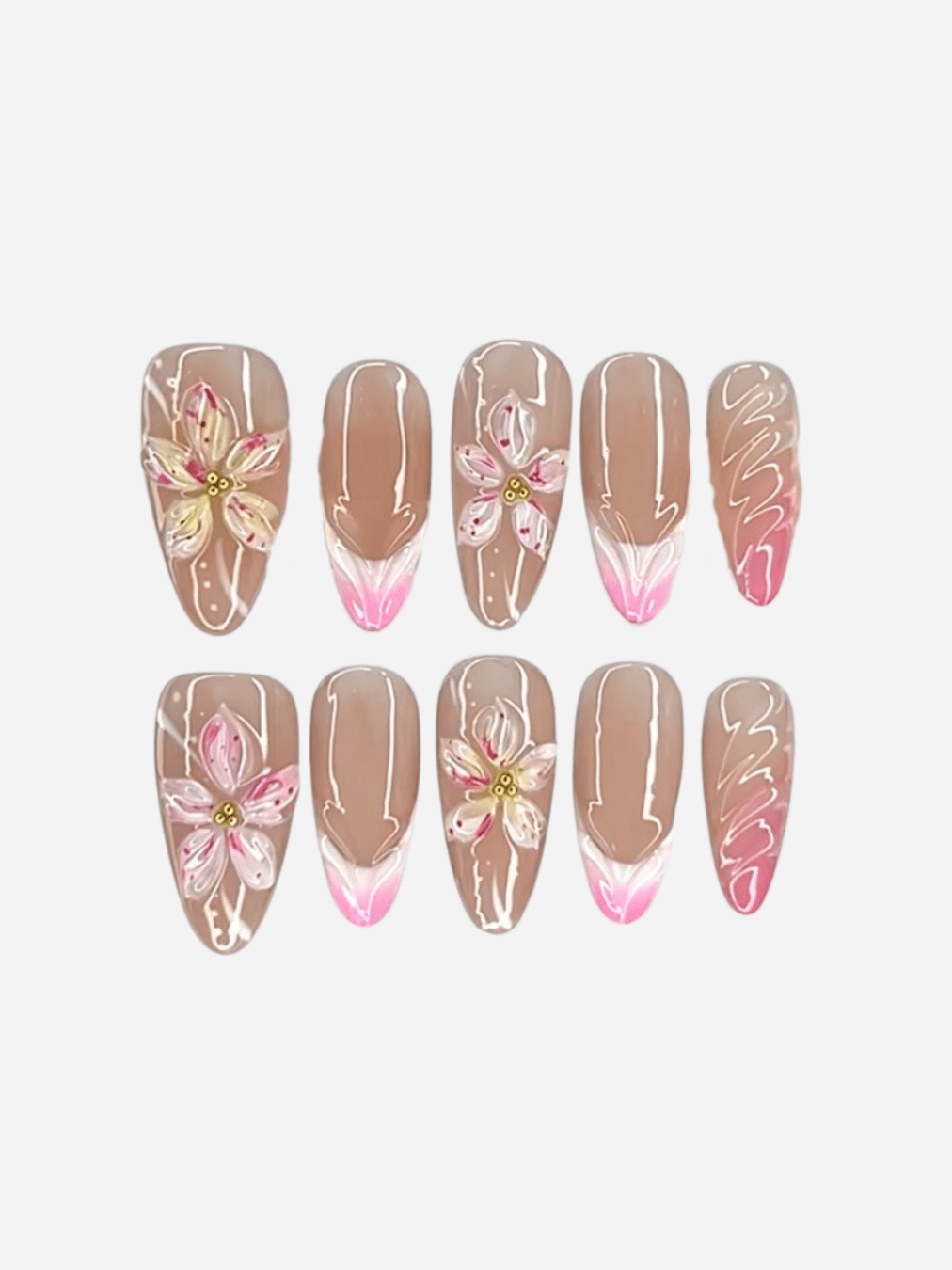 Faux ongles press-on 3D Pinky Baby – rose tendre floral été FancyNails